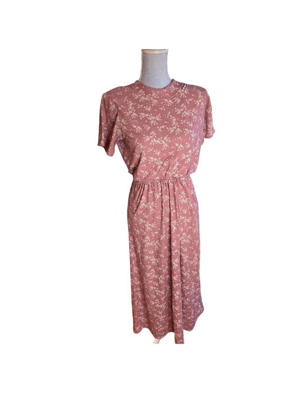Vintage 80s Dusty Rose Floral Day Dress Button Front Full Skirt Cottagecore S